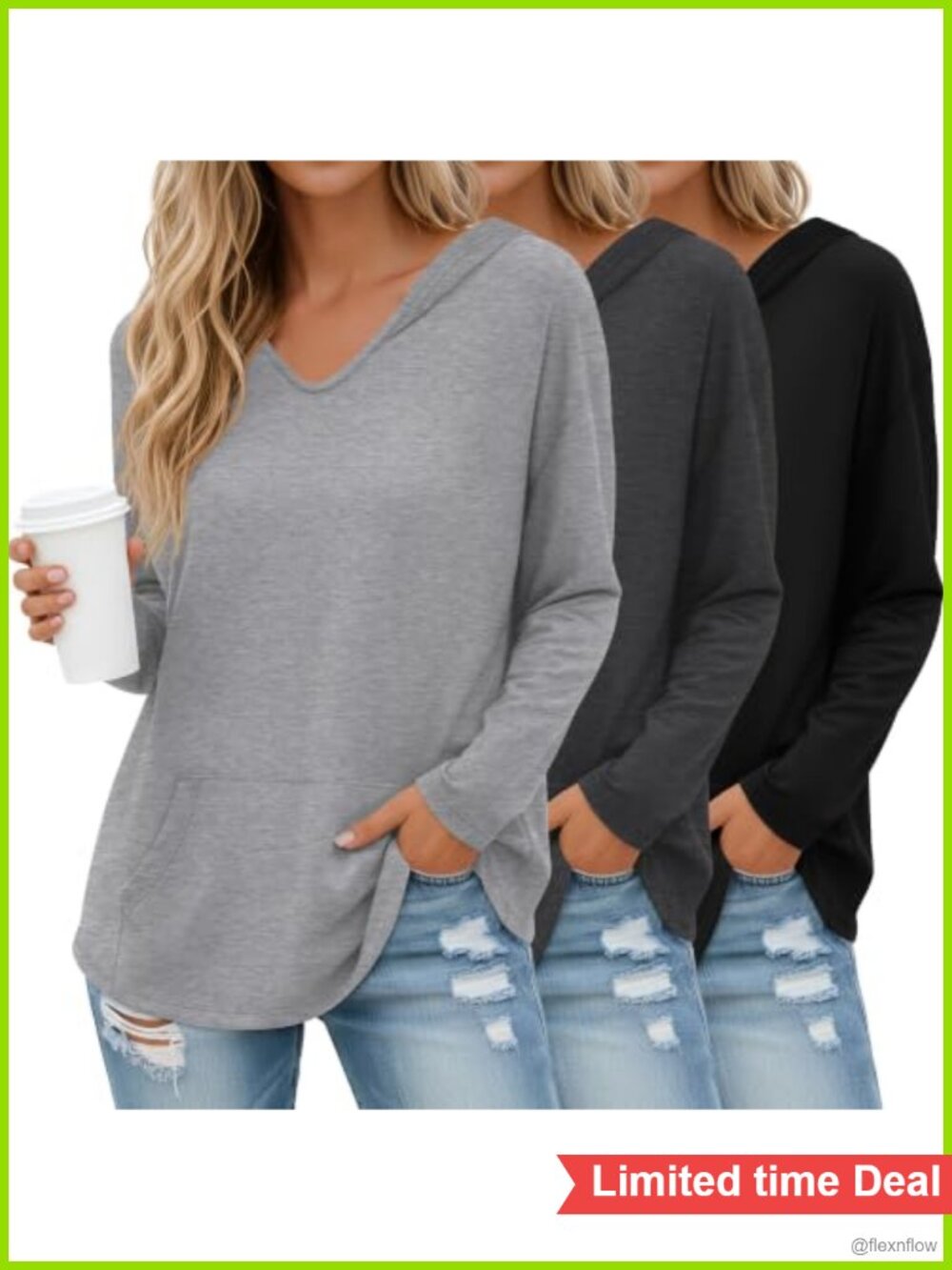 3 Pack Womens V-Neck Hoodies Lightweight Long Sleeve Pullover Casual Athletic